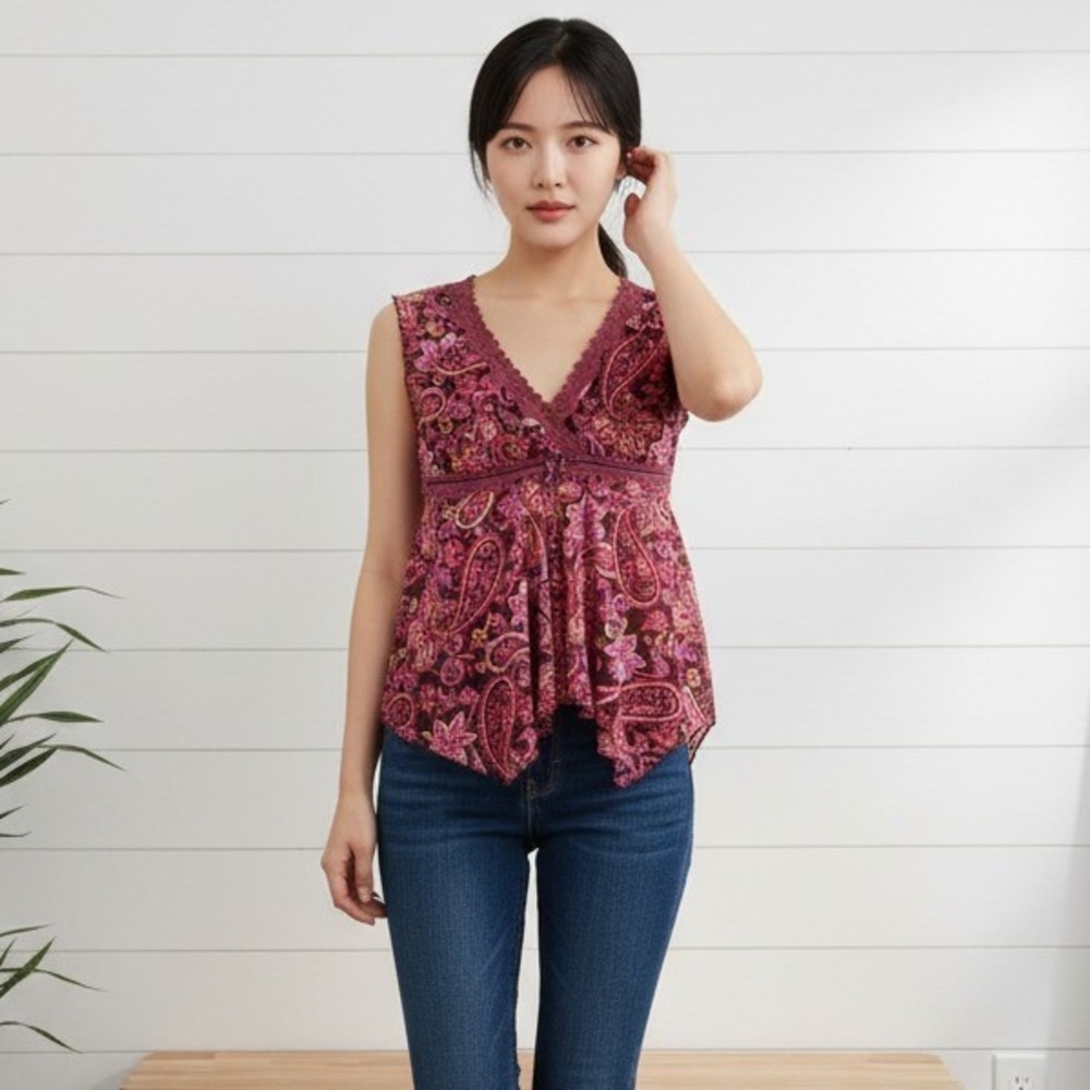 Y2K SelfEsteem XL Lace Trim Babydoll Top Pink Paisley Handkerchief Hem Fairycore